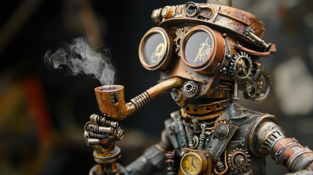 Steampunk robot figure smoking a pipe with visible gears