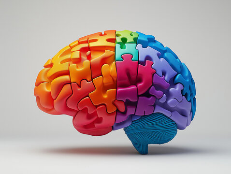 Colorful 3D illustration depicting a human brain made up of puzzle pieces on a white background. Minimalistic design without shadows or lighting effects. Different brain sections are highlighted in br