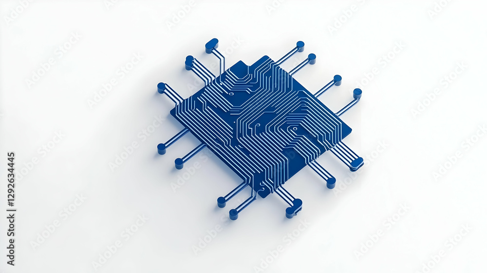 Poster blue microchip with circuit lines on a clean white background