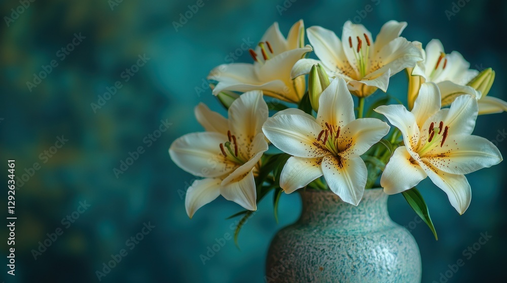 Poster Elegant cream lilies in teal vase