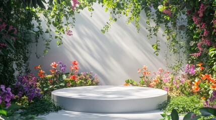 podium natural plant mockup fragrance display. Blooming Garden with White Circular Pedestal.
