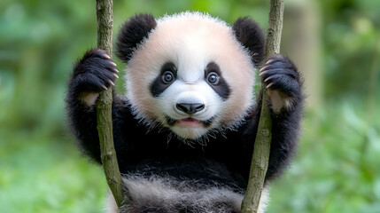 Obraz premium Baby panda climbing bamboo, green forest