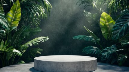 podium natural plant mockup fragrance display. Concrete Pedestal Tropical Jungle Setting.