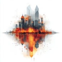 Fototapeta premium Abstract visualization of a vibrant cityscape at sunset with reflections in water showcasing modern architecture and a blend of warm colors and geometric patterns