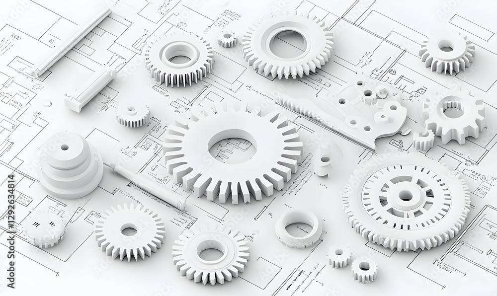 Poster white mechanical gears on blueprint background for design projects