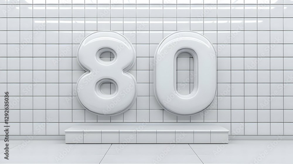Poster abstract white tiles with large number 80 on smooth surface