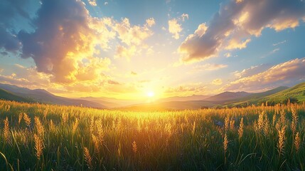 Fototapeta premium Vibrant sunset over rolling hills and golden meadow.