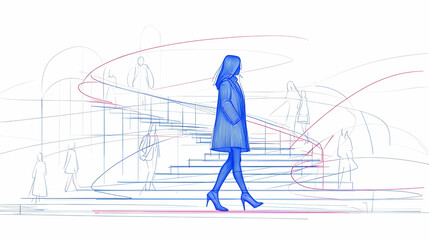 Fototapeta premium Walking Woman in Stylized Urban Environment with Spiraling Lines