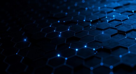Naklejka premium Abstract Hexagon Network: Glowing Blue Nodes in Dark Depth