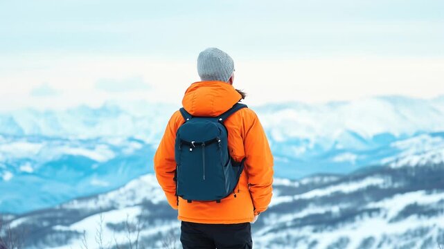 Serene Summit: A solo figure, clad in vibrant outerwear, gazes out at a breathtaking panorama of snow-covered mountains and rolling hills, evoking feelings of peace, adventure, and introspection.