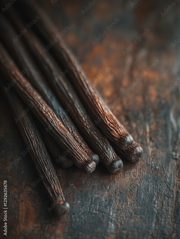 Aufkleber natural dried vanilla beans arranged on rustic wooden surface with warm tones highlighting the intri