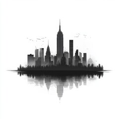 Fototapeta premium Black and White Silhouette of a City Skyline Reflected in Calm Water Surrounded by Trees and Flock of Birds in the Sky