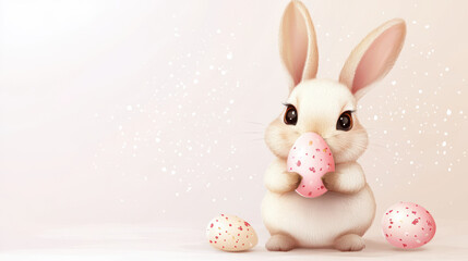 cute bunny holding pink speckled egg, surrounded by more eggs, symbolizes Easter joy and celebration. soft background enhances festive and cheerful atmosphere