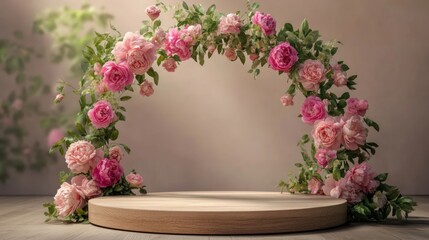 podium natural plant mockup fragrance display. Elegant Pink Rose Archway Product Display Stand.