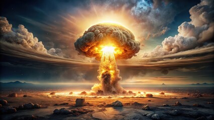 Devastating nuclear explosion on a dark and stormy night background with bright flashes of light, debris scattered everywhere, radiation, radiation effects
