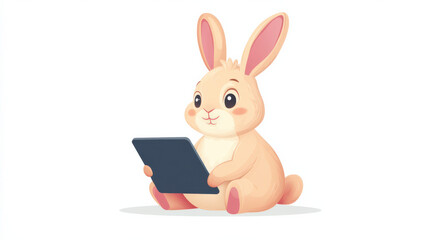 cute cartoon bunny is sitting and holding tablet, looking engaged. illustration features soft colors and playful design, perfect for themes related to technology and animals