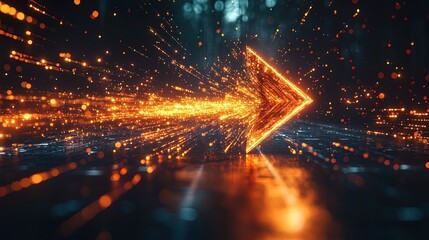 A futuristic visualization of an upward arrow glowing with radiant energy trails, dynamic and luminous