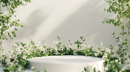 podium natural plant mockup fragrance display. Elegant White Floral Display with Circular Pedestal.