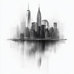 Fototapeta premium Black and White Artistic Illustration of a City Skyline Featuring Iconic Skyscrapers and Reflections on the Water Surface