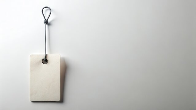 A single blank price tag is tied to a metal hook with a thin black string in a minimalist setup , retail, packaging