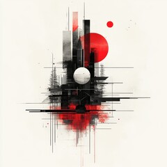 Obraz premium Abstract geometric design featuring red circles, black lines, and nature-inspired elements creating a striking modern artistic composition