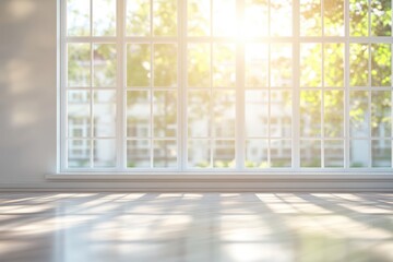 Fototapeta premium Bright room with large window, sunlit floor. Ideal for real estate, home design, or peaceful ambiance.