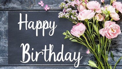 Pink flowers with Happy Birthday Chalkboard Sign