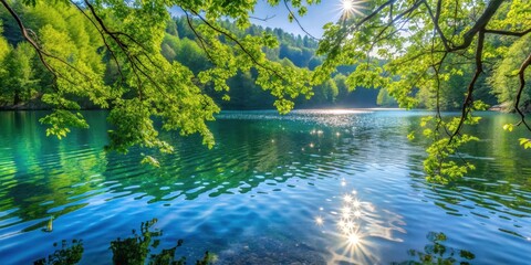 Sparkling clear water on a serene lake surface with a delicate ripple effect from a nearby tree branch