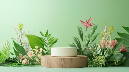 podium natural plant mockup fragrance display. Lush Green Floral Display with Product Stand.