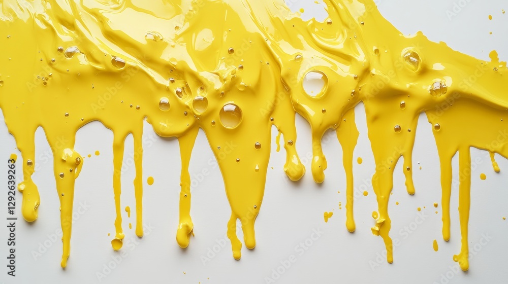 Aufkleber Yellow paint dripping on white surface with glossy texture and bubbles, abstract art backdrop. Creative expression and color splash concept