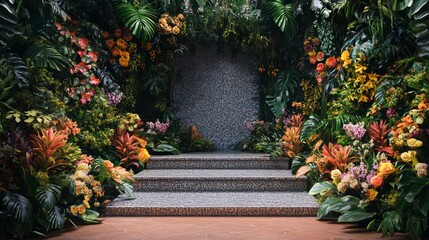 Obraz premium podium natural plant mockup fragrance display. Lush Tropical Garden Staircase Entrance Design.
