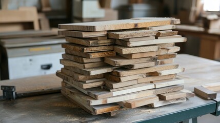 Fototapeta premium Stacked Wood Pieces in a Carpenter's Workshop: A Collection of Lumber Ready for Furniture Making