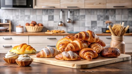 Freshly baked croissants and a variety of artisanal breads arranged on a wooden platter in a modern kitchen, baked goods, breakfast items