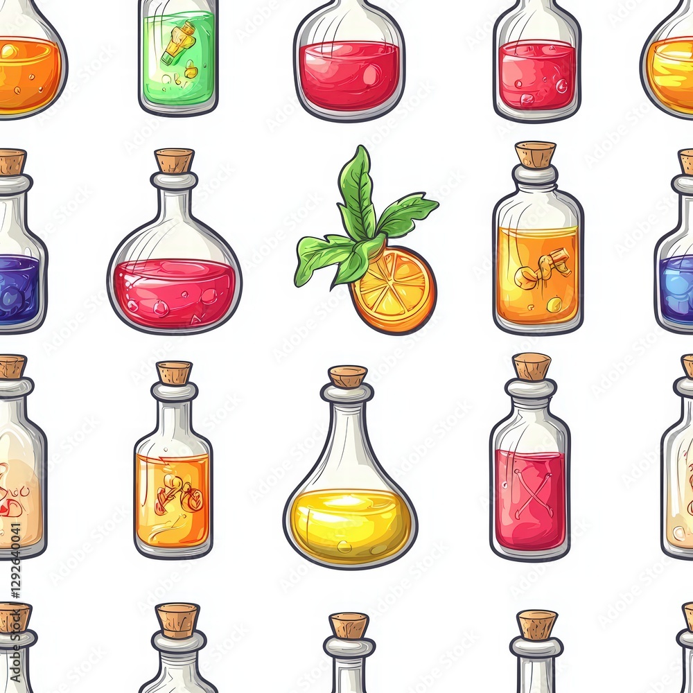 Poster an array of vibrantly colored liquids in clear glass containers displaying vivid hues and textures