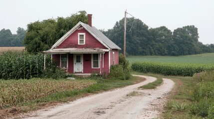 Fototapeta premium Rural Pink House on Dirt Road, Countryside, Cornfield Background. Possible Stock Photo Use Charming country scene