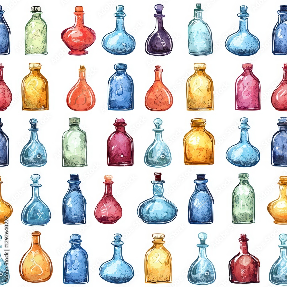 Poster an intriguing pattern of glass bottles displaying various shapes and colors for decorative use
