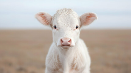 Obraz premium White calf in field, looking at camera. Agriculture, livestock, rural scene
