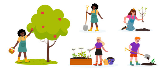 Naklejka premium Community garden with diverse individuals planting and harvesting together