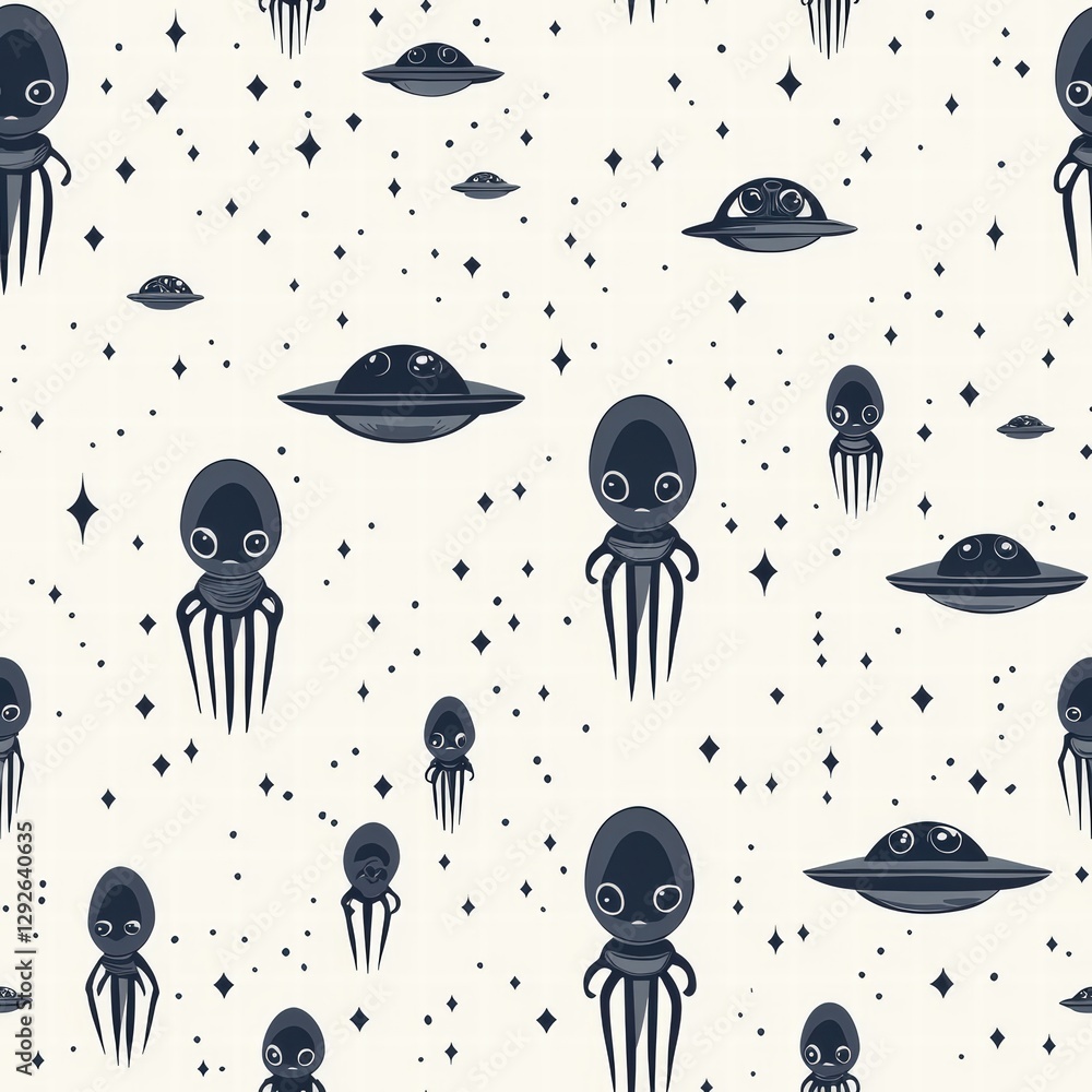 Poster exciting pattern with aliens and spaceships in a dynamic space scene for a fun, whimsical vibe