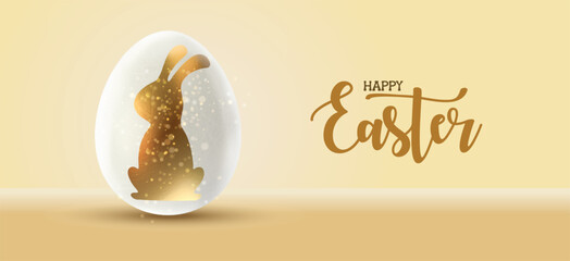 Gold rabbit and eggs on light yellow background. Easter holiday. 3D rendering