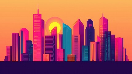 Obraz premium Vibrant city skyline at sunset with colorful buildings and a warm gradient sky.