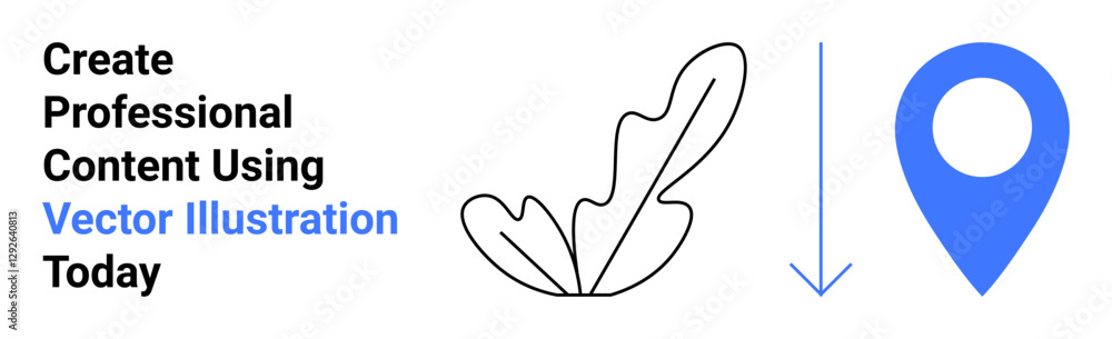 Poster black leaf outline paired with blue map pointer and vertical arrow indicating movement. ideal for na