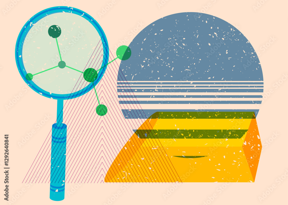 Poster risograph magnifying glass with geometric shapes. objects in trendy riso graph print texture style d