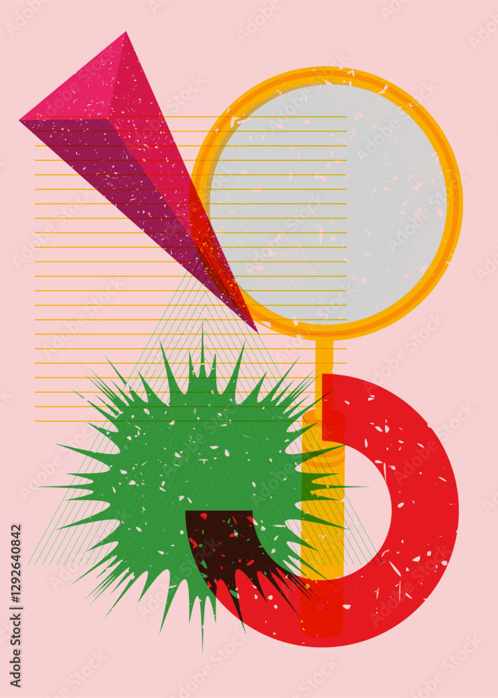 Poster risograph magnifying glass with geometric shapes. objects in trendy riso graph print texture style d