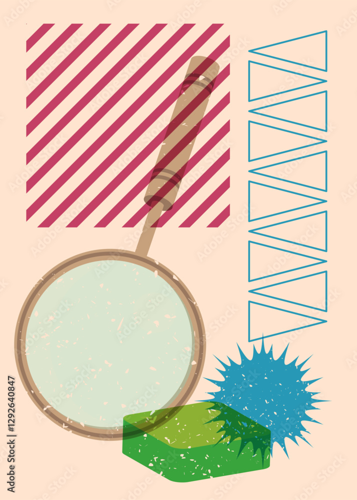 Poster risograph magnifying glass with geometric shapes. objects in trendy riso graph print texture style d