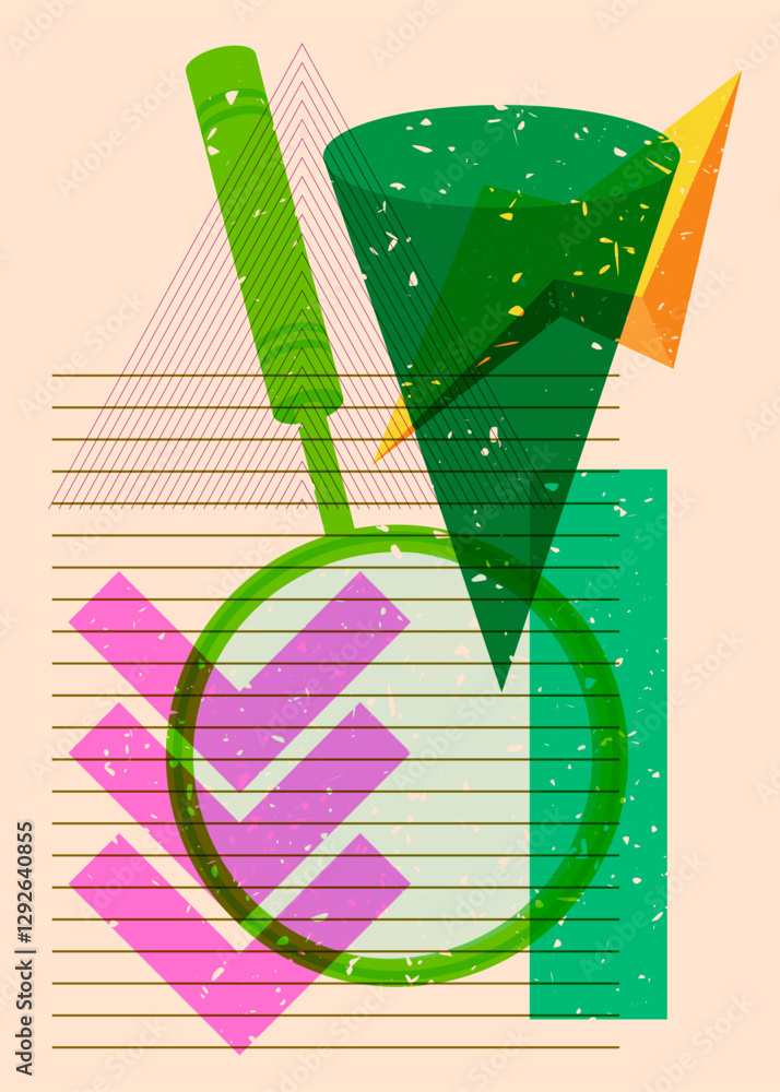 Poster risograph magnifying glass with geometric shapes. objects in trendy riso graph print texture style d