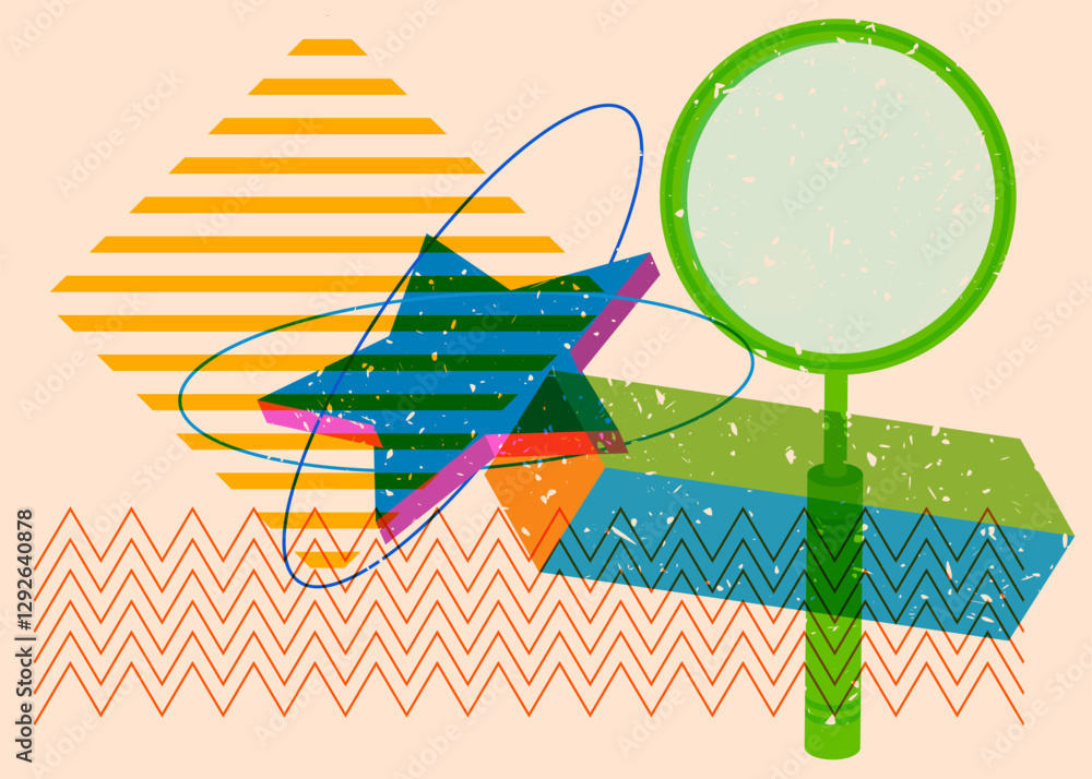Poster risograph magnifying glass with geometric shapes. objects in trendy riso graph print texture style d
