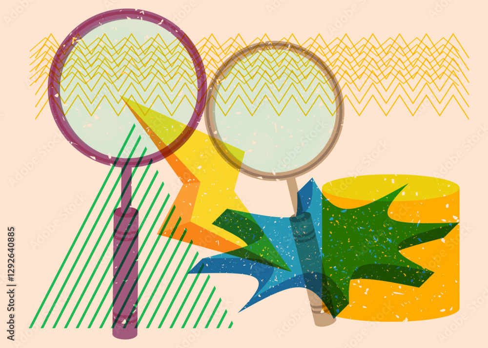 Poster risograph magnifying glass with geometric shapes. objects in trendy riso graph print texture style d