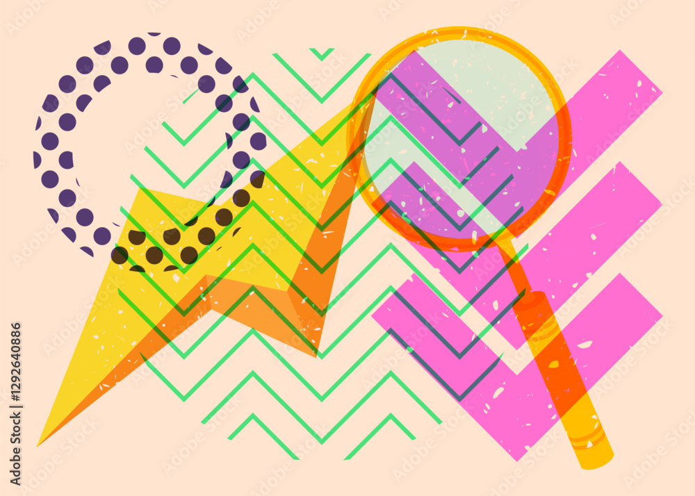 Poster risograph magnifying glass with geometric shapes. objects in trendy riso graph print texture style d
