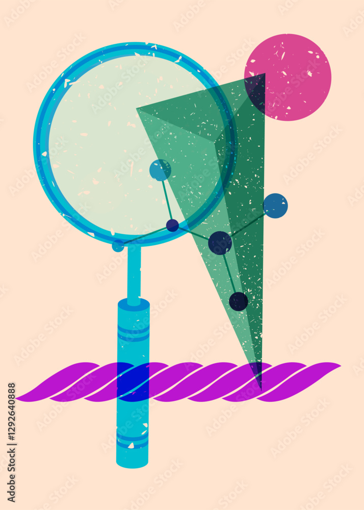 Poster risograph magnifying glass with geometric shapes. objects in trendy riso graph print texture style d